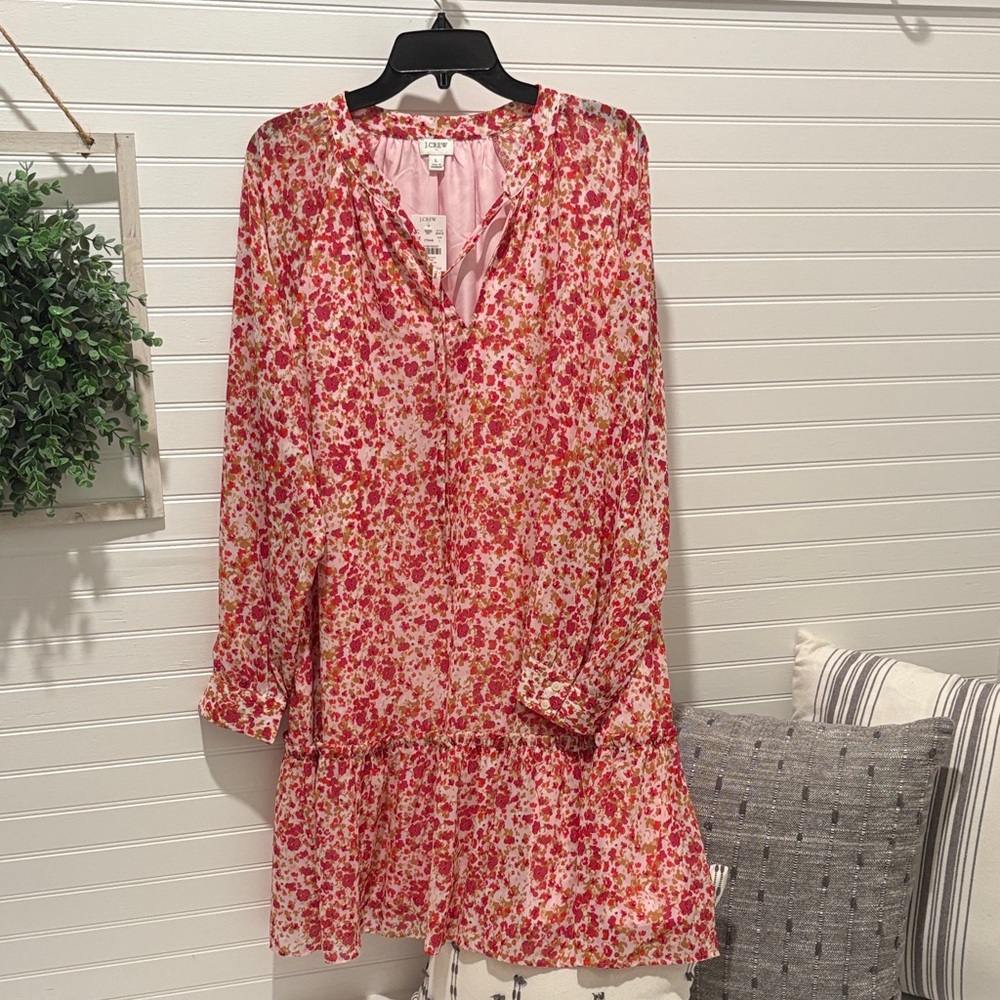 J. Crew Pink and Red Floral Long Sleeve Dress